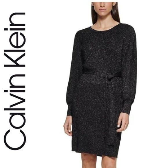 Calvin Klein Black Long Slleeve Metallic Shimmer Midi Sweater Dress Size Small - Picture 1 of 9